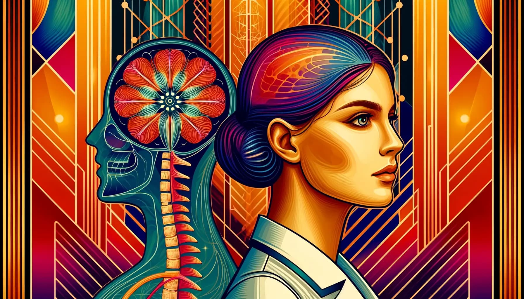 Stylized illustration of a young female neuroscientist in a vibrant Art Deco style. Her profile is elegantly integrated with artistic representations of the brain and spinal cord used in Sandrina Campos Maçãs website header.