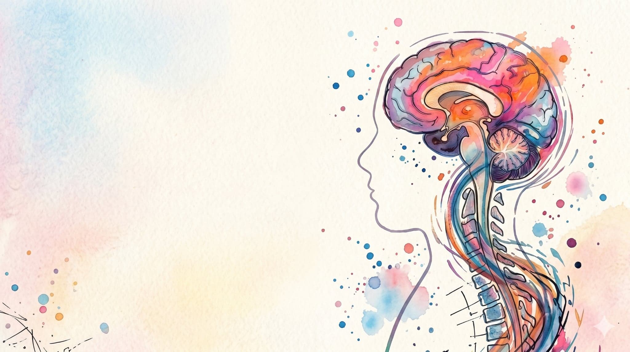 Watercolour illustration of a head, brain and spine